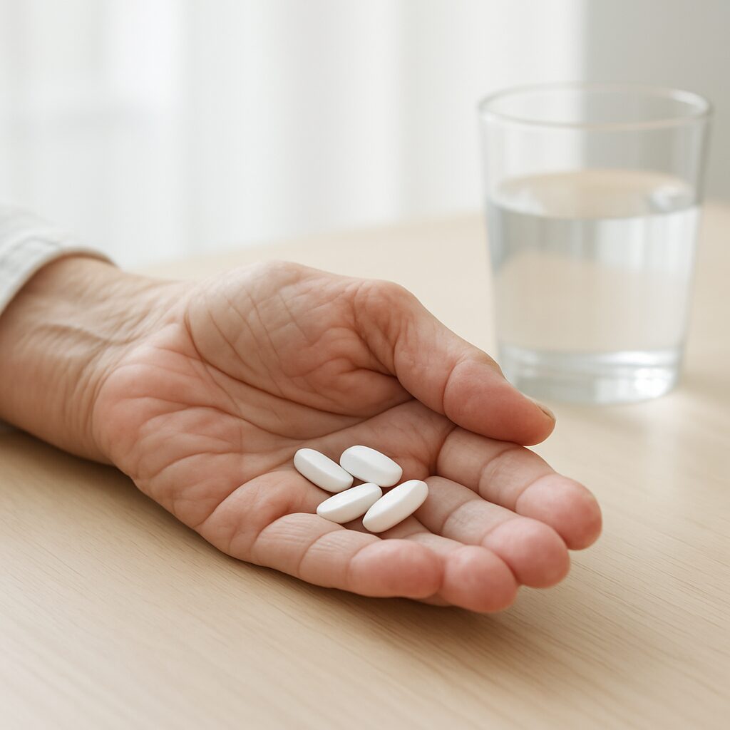 Seorang lansia sedang memegang lututnya yang sakit, di sampingnya ada pil obat dan air.